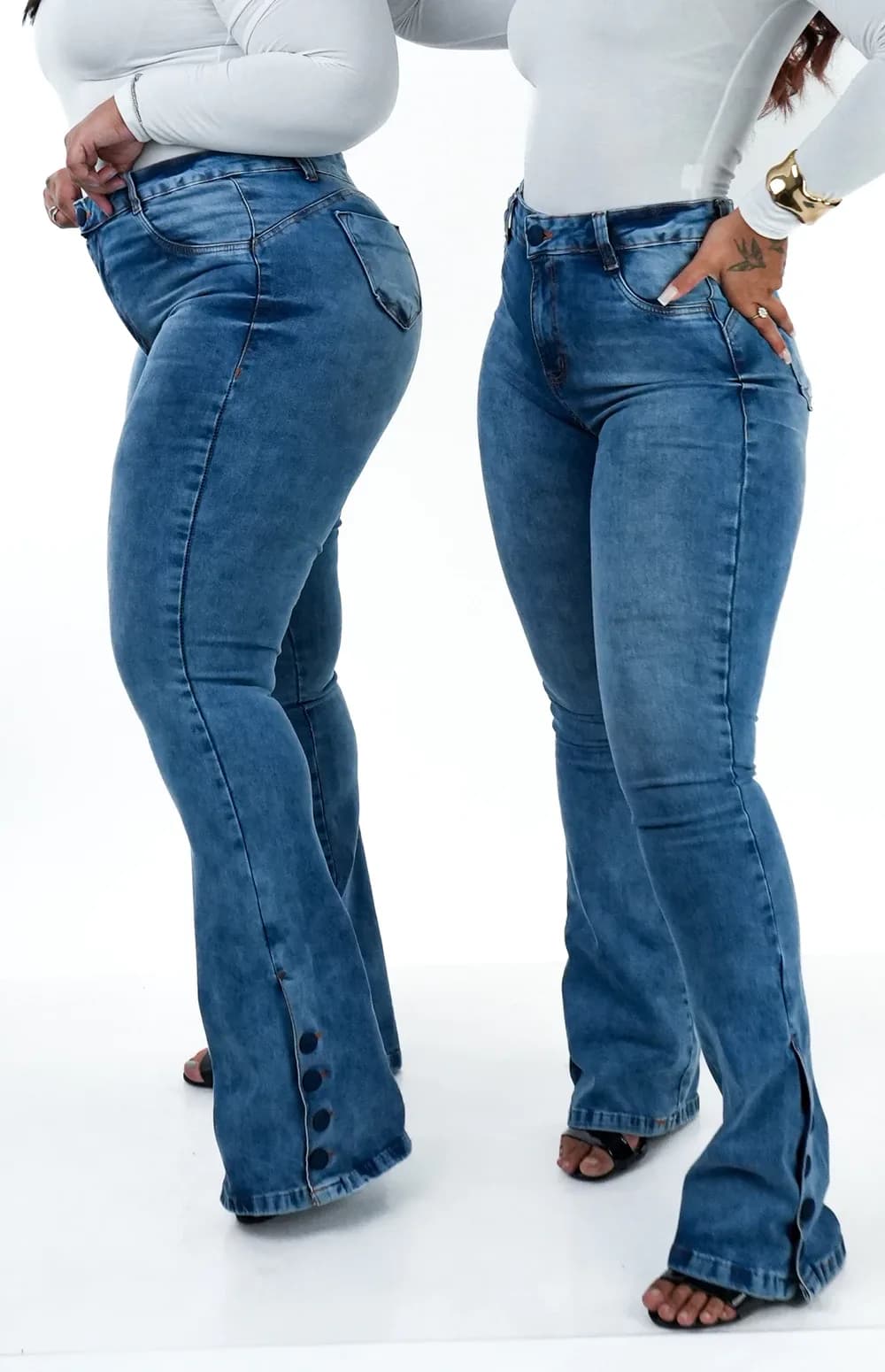 CALÇA JEANS FEMININA - FLARE LAZULLI BOTÕES FORRADOS