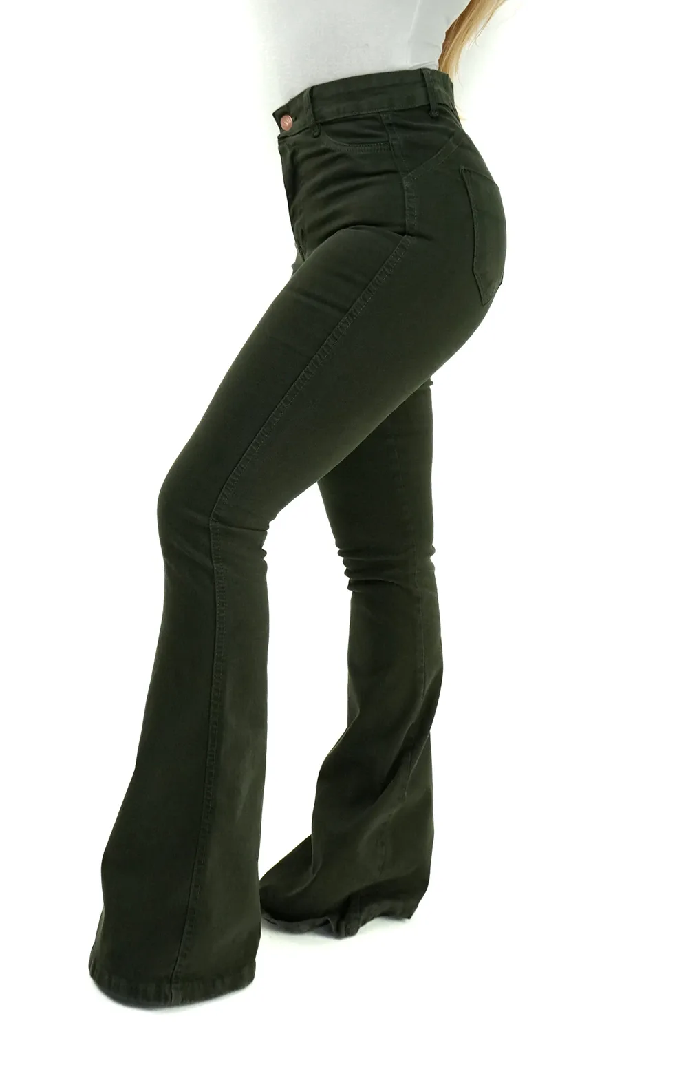 CALÇA JEANS FEMININA - FLARE VERDE MILITAR