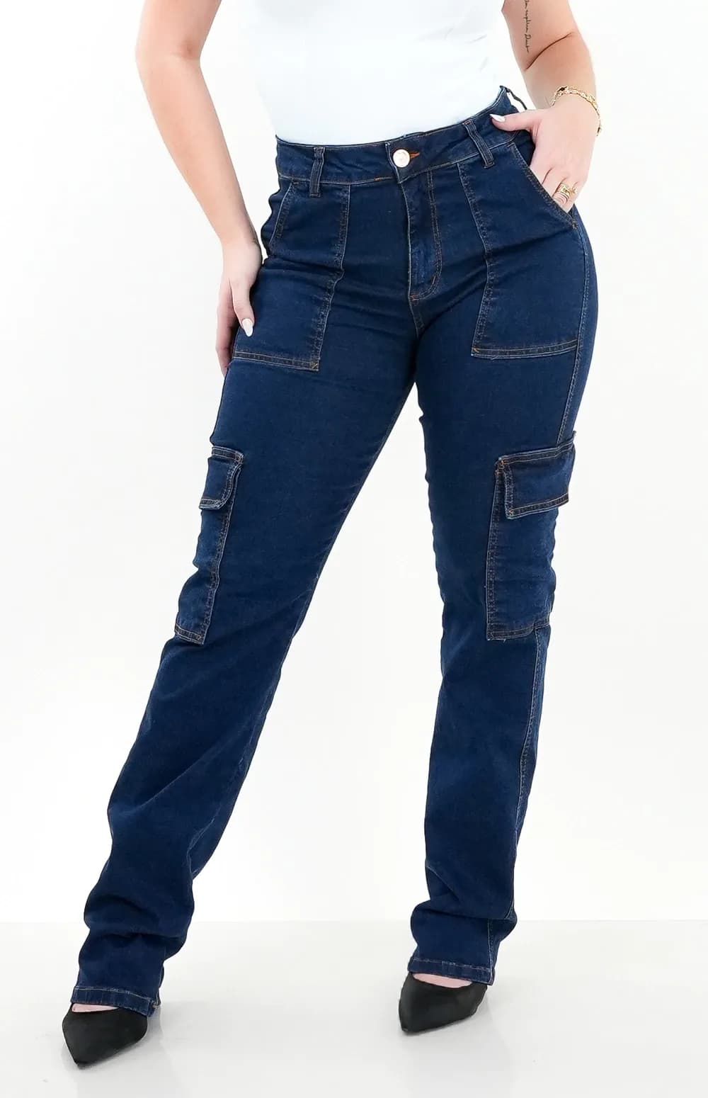 CALÇA JEANS FEMININA - WIDE LEG CARGO BLUE