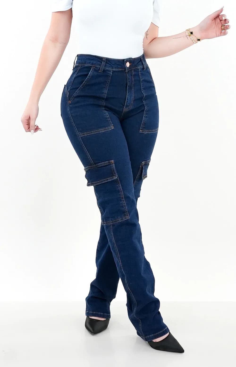 CALÇA JEANS FEMININA - WIDE LEG CARGO BLUE