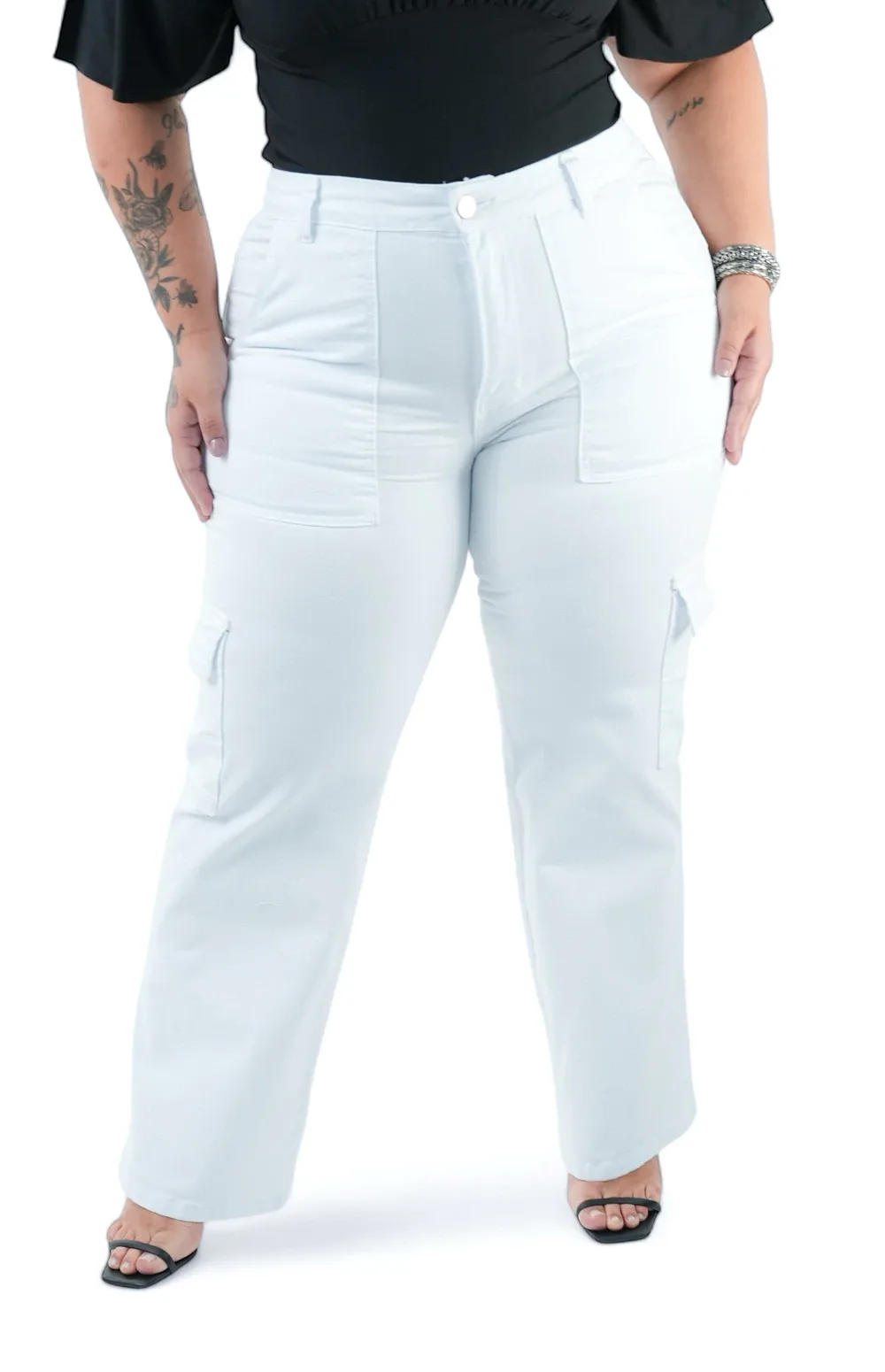 CALÇA JEANS PLUS SIZE - WIDE LEG CARGO BRANCA